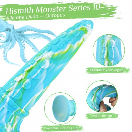 Hismith 25,7 cm Monster-dildo (blekksprut, grønn) med sugekopp til Hismith Premium Sex Machine